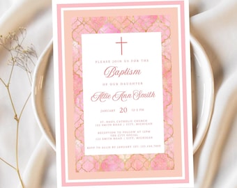 Pink Coral Baptism Invitation Template: Baby Girl Christening (Digital Download)
