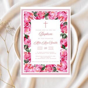 Pink Floral Baptism Invitation Template: Baby Girl Christening (Digital Download)