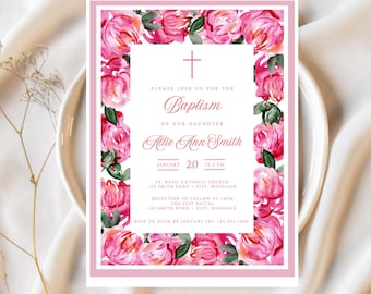 Pink Floral Baptism Invitation Template: Baby Girl Christening (Digital Download)