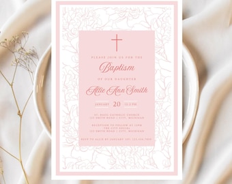 Pink Floral Baptism Invitation Template: Baby Girl Christening (Digital Download)