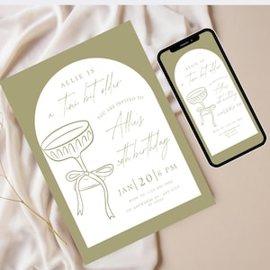 May include: A green and white invitation card with a champagne glass illustration and the text "Allie is a tiny bit older. You are invited to Allie's 30th birthday. Jan 20|6 PM. RSVP to 123-456-7890. 123 Anywhere St. Any City, ST 12345."