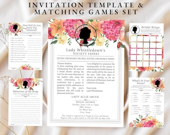 Regency Era Bridal Shower Invitation Template and Games Set Digital Download