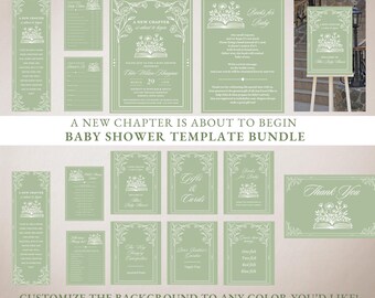 A New Chapter Is About To Begin Baby Shower Full Bundle of Templates, Custom Color Storybook Baby Shower, Sage Green Baby Shower