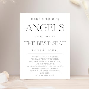May include: A black and white printable sign with the text "Here's to our Angels. They have the best seat in the house. We think about you often, we talk about you still. You have never been forgotten, and you never will. We hold you close within our hearts and there you will remain, to walk and guide us through our lives, until we meet again."