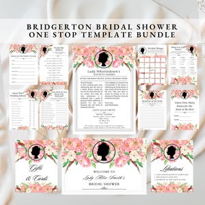 Modèle d&#39;Invitation Bridgerton Bridal Shower Lady Whistledown, jeux et modèle de signalétique Bundle Shower nuptiale floral rose en téléchargement numérique