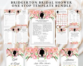 Tea Party Bridal Shower Invitation Template, Games and Signage Template Bundle Digital Download Pink Floral Bridal Shower