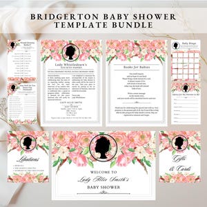 Bridgerton Babypartyeinladungs-Vorlagenpaket, Lady Whistledown-Einladung, Baby-Duschespiele und Willkommensschild-Rosa-Vorlagenpaket
