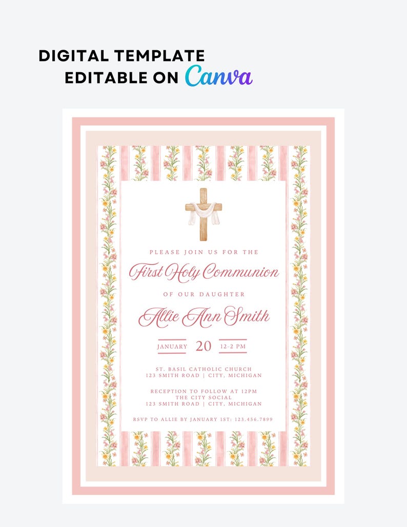 Pink Floral First Communion Invitation Template (digital) - Etsy