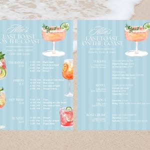 May include: A blue and white striped itinerary for a trip to Cabo San Lucas, Mexico. The itinerary includes a list of activities for each day, including flights, hotel, yoga, boat cruise, and dinner. The itinerary is decorated with watercolor illustrations of cocktails.
