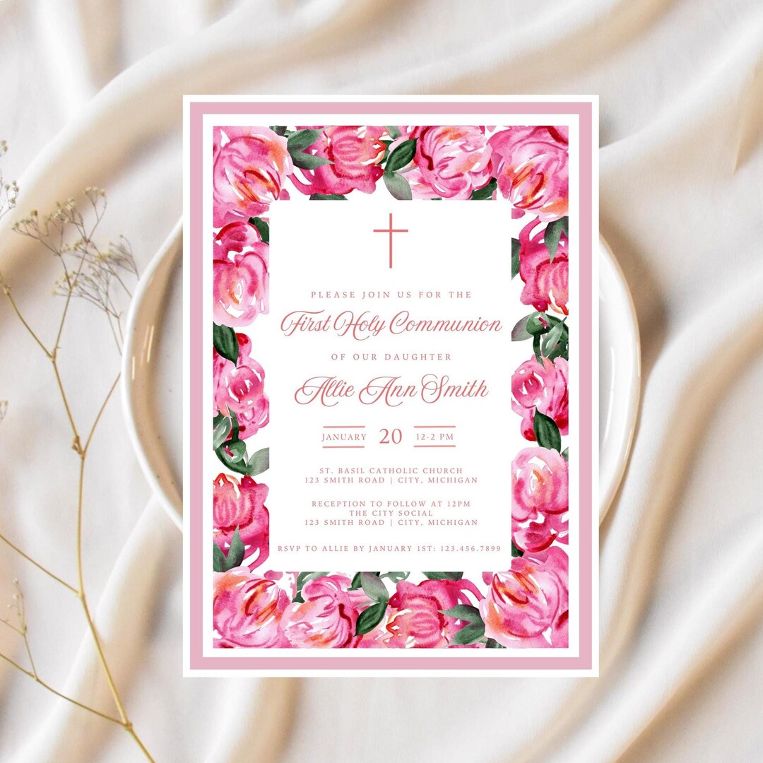 Pink Floral First Communion Invitation Template (digital) - Etsy