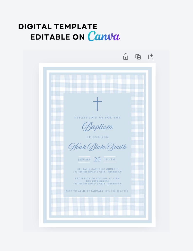 May include: A blue and white gingham pattern baptism invitation with a white cross and the text "Please join us for the Baptism of our son Noah Blake Smith" and the date and time of the event.