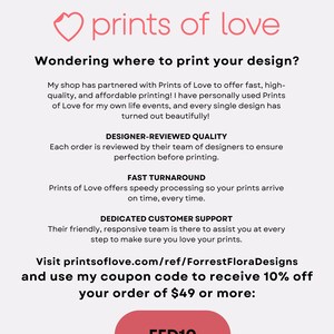 May include: A pink heart with the text "prints of love" in white. The text below reads "Wondering where to print your design?" and explains that the shop has partnered with Prints of Love to offer fast, high-quality, and affordable printing. The text also includes a coupon code "FFD10" to receive 10% off orders of $49 or more.