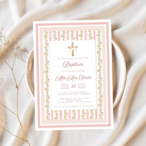 Pink Floral Baptism Invitation Template: Baby Girl Christening (Digital Download)