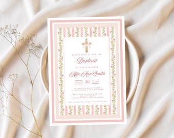 May include: Pink and white striped baptism invitation with a floral border. The invitation features a cross with a baby in a white gown. The text reads "Please join us for the Baptism of our daughter Allie Ann Smith January 20 at 12 pm St. Basil Catholic Church 123 Smith Road | City, Michigan Reception to follow at 1:00 pm The City Social 123 Smith Road | City, Michigan RSVP to Alice by January 10, 2024"