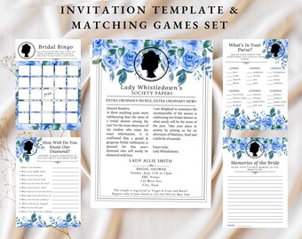 May include: A set of printable bridal shower games with a blue floral design. The games include Bridal Bingo, How Well Do You Know Our Diamond, What's In Your Purse, and Memories of the Bride. The games are designed to be played at a bridal shower.