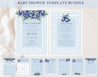 May include: A baby shower template bundle with a blueberry theme. The invitation and game cards feature a light blue gingham pattern and watercolor blueberries. Text includes "A Berry Sweet Baby Is On The Way" and "Easy Editing Through Canva."