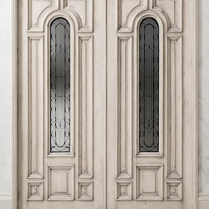 Custom Double Entry Wood Door with Decorative Glass | Handcrafted Solid Wood Front Door | Rustic Exterior Door with Iron Scrollwork