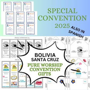 Presentes Especiais para a Convenção de Adoração Pura das Testemunhas de Jeová – Bolívia Santa Cruz 2025 Conjunto de Presentes para Imprimir, também em Espanhol | Marcadores de Livros, Cartões de Questionário e Envelopes