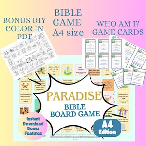 Edizione A4 JW - Gioco da tavolo Paradiso / Divertimento per il culto in famiglia per tutte le età / Gioco della Bibbia in PDF stampabile / Pagina da colorare e schede del quiz /