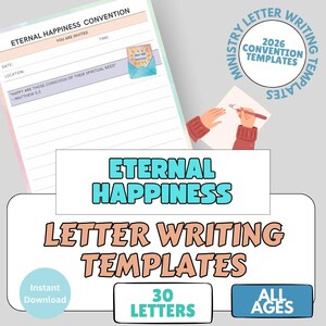May include: Image of letter writing templates for the "Eternal Happiness Convention." The design includes a convention invitation, a person writing a letter, and text that reads "2026 Convention Templates." The templates are for all ages and include 30 letters.