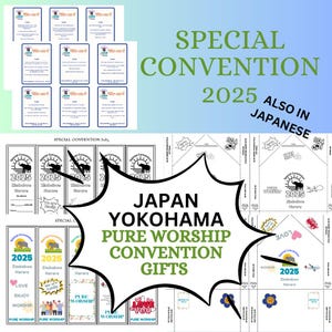 Regalos para la Convención Especial de Adoración Pura de JW - Kobe, Japón 2025 / Paquete imprimible (también en japonés) / Tarjetas de preguntas, marcapáginas y sobres de regalo