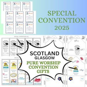 Regalos para la Convención Especial de Adoración Pura de JW - Escocia 2025 / Paquete de regalo en PDF / Tarjetas de cuestionario, marcapáginas y sobres de regalo imprimibles al instante