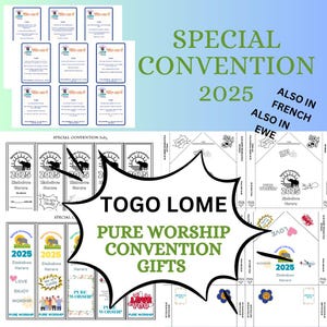 Prezenty na specjalną konwencję JW Pure Worship – Togo Lomé 2025 | Zestaw do druku w języku ewe, francuskim i angielskim | Zakładki, karty quizowe i koperty