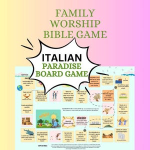 Op de afbeelding: Een kleurrijk Italiaans bordspel voor gezinnen, gebaseerd op de Bijbel. Het spelbord bevat illustraties van Bijbelse scènes en bevat spelregels. Het spel heet "Italian Paradise Board Game".