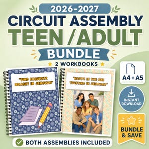 Puede incluir: Un paquete de dos cuadernos de trabajo en espiral para asamblea de circuito 2026-2027 para adolescentes y adultos. El primer cuaderno tiene una cubierta floral azul con un lápiz y el texto "FIND EXQUISITE DELIGHT IN JEHOVAH". El segundo muestra un grupo de cinco personas y el texto "HAPPY IS THE ONE TRUSTING IN JEHOVAH". Incluye tamaños A4 y A5.