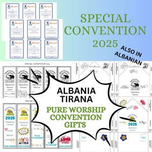 JW Pure Worship Sonder Convention Geschenke – Albanien Tirana 2025 | Druckbares Geschenkpaket auch in Albanisch | Lesezeichen, Quizkarten, Umschläge