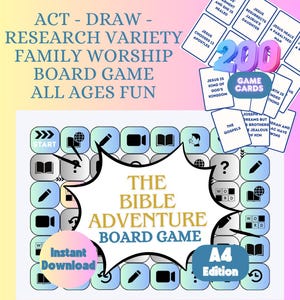 Gioco da tavolo JW Bible Adventure versione A4 / Download immediato Attività di culto in famiglia / Modo divertente per aumentare la conoscenza della Bibbia / 200 carte da gioco