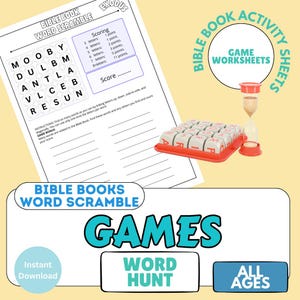Könnte beinhalten: Ein Bibel-Buch-Wortsuchspiel mit einem Arbeitsblatt, Buchstabenwürfeln und einer Sanduhr. Das Arbeitsblatt enthält Anweisungen und eine Bewertungstabelle. Das Spiel ist mit "Alle Altersgruppen" gekennzeichnet und ein Sofort-Download.