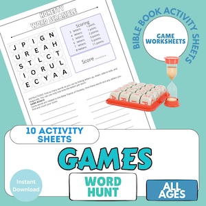 Könnte beinhalten: Ein ausdruckbares Arbeitsblatt mit einem Wortsuchspiel, einer Bewertungsanleitung und dem Text "Honesty Word Scramble". Das Bild enthält auch ein Spiel mit Buchstabenblöcken, eine Sanduhr und die Wörter "Games" und "Word Hunt".