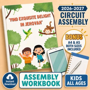 May include: A 2026-2027 Circuit Assembly workbook for kids featuring a jungle-themed cover with a monkey, a green bird, and two children. The text reads Find Exquisite Delight In Jehovah. Includes a tablet, a spiral notebook, and a pen.