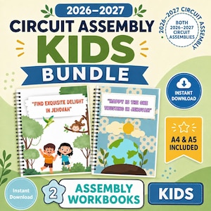 May include: A 2026-2027 circuit assembly kids bundle featuring two spiral-bound workbooks. The covers display illustrations of children, a monkey, a bird, and a globe with the text Find Exquisite Delight In Jehovah and Happy Is The One Trusting In Jehovah. Includes A4 and A5 sizes.