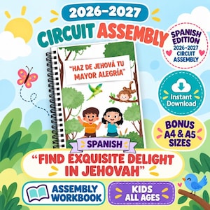 May include: A spiral-bound 2026-2027 circuit assembly workbook for kids featuring a cover with a jungle theme, two children, a monkey, and a parrot. The text reads "HAZ DE JEHOVÁ TU MAYOR ALEGRÍA" and "FIND EXQUISITE DELIGHT IN JEHOVAH".