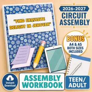 Puede incluir: Un cuaderno de trabajo para la asamblea de circuito 2026-2027 para adolescentes y adultos con cubierta floral azul y el texto Find Exquisite Delight in Jehovah. Incluye lápiz amarillo, tableta, cuaderno de espiral con bolígrafo y tamaños A4 y A5.