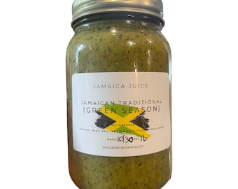 May include: A glass jar filled with green-colored food, labeled "Jamaica Juice." The label reads "Jamaican Traditional (Green Season)" with the Jamaican flag. The jar contains 30 oz of product and is marked "All Natural."