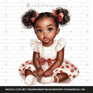 Strawberry Black Baby Girl Clipart PNG, Afro Girl Strawberry Baby Shower, Berry Clip Art, Black Baby Girl Birthday, Digital Download RD004
