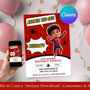 Carte d’Invitation Anniversaire Spiderman Modifiable, Carte Fête Spiderman, Modèle Canva à Personnaliser, Anniversaire garçon imprimable
