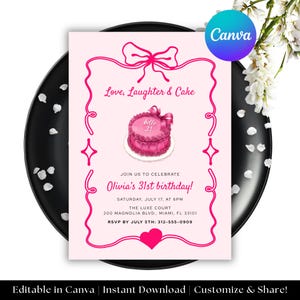 Può includere: Invito di compleanno rosa con un'illustrazione di torta e la scritta "Love, Laughter & Cake". L'invito dice "Olivia's 31st birthday!" e include i dettagli dell'evento. Il design presenta un fiocco rosa e un bordo decorativo.