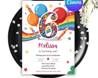 Invito per il sesto compleanno con paillettes arcobaleno, modello Canva modificabile (download digitale)