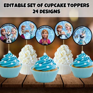Könnte beinhalten: Cupcakes mit blauer Glasur und weißen Sternenstreuseln, verziert mit essbaren Toppern mit Figuren aus einem beliebten Animationsfilm. Die Topper sind für eine Geburtstagsfeier. Der Text auf den Toppern lautet "Angela's Birthday" und "5th".