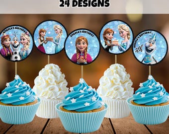 Adornos editables para cupcakes de cumpleaños de Frozen, plantilla de Canva (descarga digital)