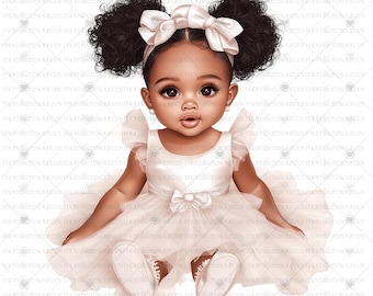 Black Baby Girl Clipart, Pink Dress Princess (Digital Download)
