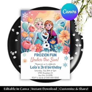 Editable Frozen Summer Fun Birthday Invitation Card, Frozen Party, Elsa Anna Olaf Invite Party, Editable Canva Template, Girl Birthday OR001