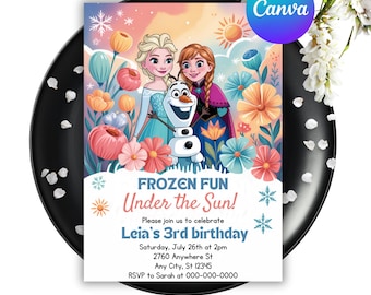 Frozen Birthday Invitation Card, Elsa Anna Olaf Party (Editable Canva Template)