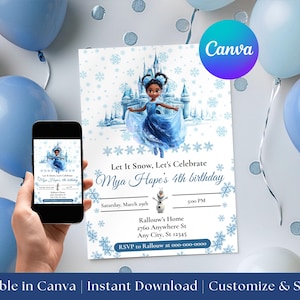 Carte d'invitation d'anniversaire la Reine des neiges | Modèle Éditable Canva | 5 x 7 pouces | Téléchargement Instantané | Fêtes Elsa Frozen