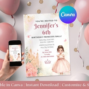 Invito di compleanno modificabile per principessa, invito per festa principessa, invito principessa, modello Canva modificabile, stampabile per compleanno bambina
