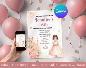 Invito di compleanno modificabile per principessa, modello Canva (download digitale)